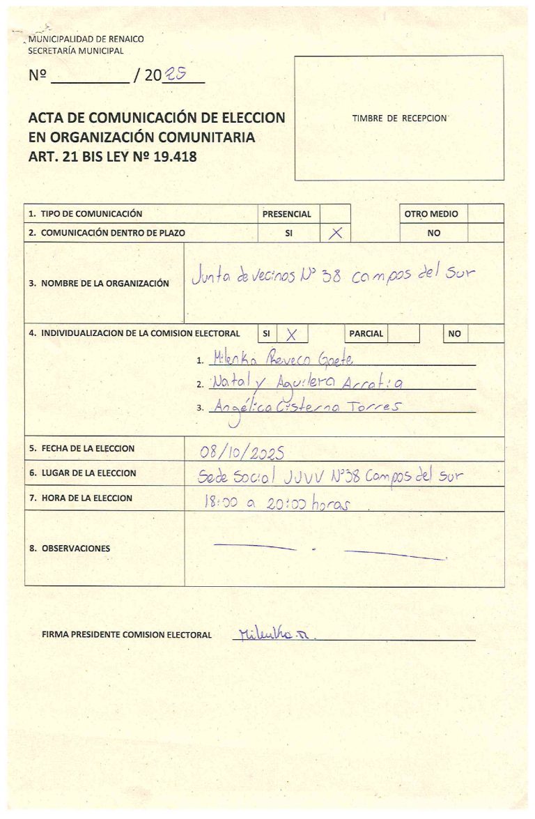 ACTA DE COMUNICACIÓN DE ELECCION EN ORGANIZACIÓN COMUNITARIA «Junta de vecinos N°38 Campos del Sur»