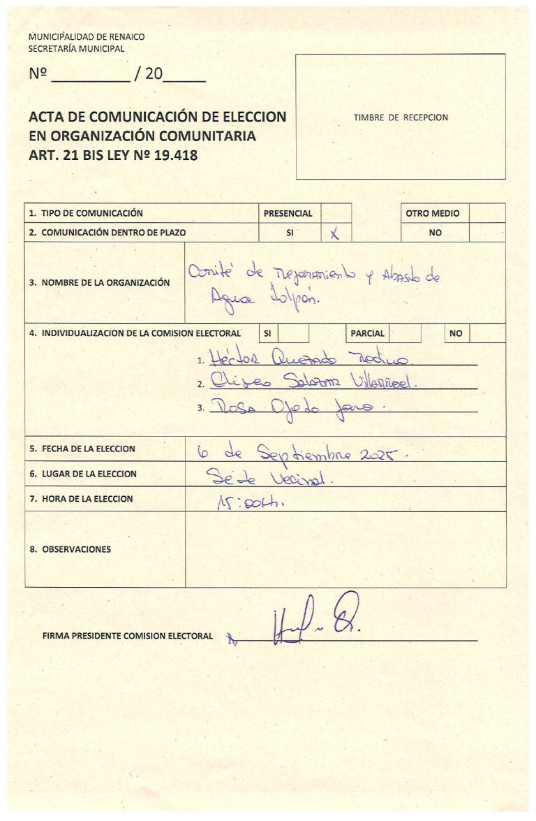ACTA DE COMUNICACIÓN DE ELECCION EN ORGANIZACIÓN COMUNITARIA «Comité de mejoramiento y abasto de agua Tolpán»