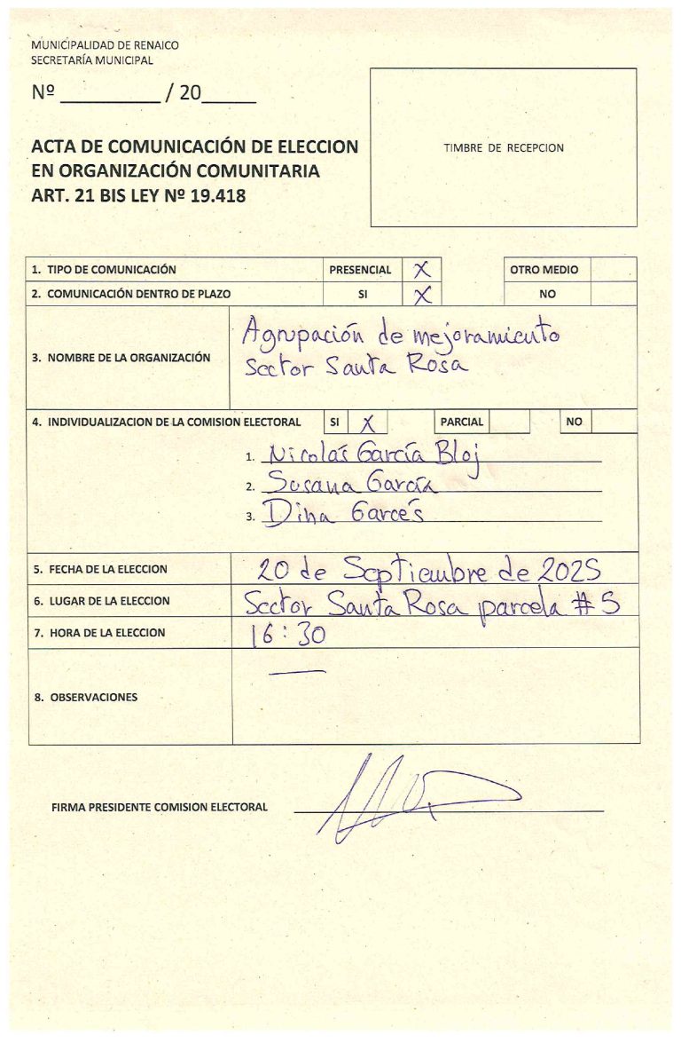 ACTA DE COMUNICACIÓN DE ELECCION EN ORGANIZACIÓN COMUNITARIA «Agrupación de mejoramiento sector Santa Rosa»