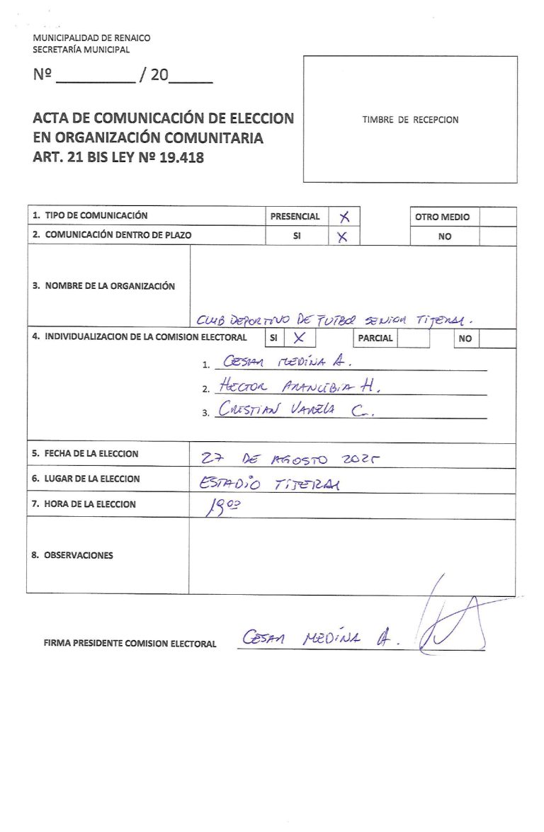 ACTA DE COMUNICACIÓN DE ELECCION EN ORGANIZACIÓN COMUNITARIA «Club deportivo de futbol senior Tijeral»