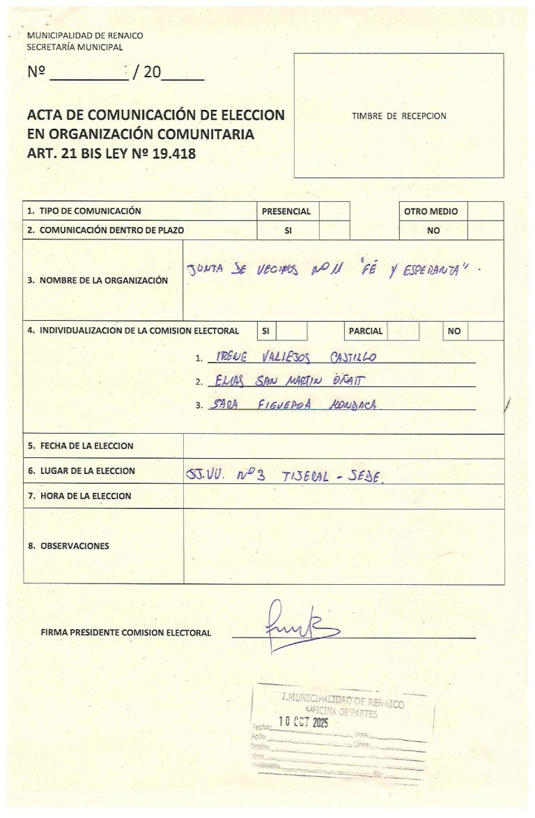 ACTA DE COMUNICACIÓN DE ELECCION EN ORGANIZACIÓN COMUNITARIA «Junta de Vecinos N°11 «Fé y Esperanza»»
