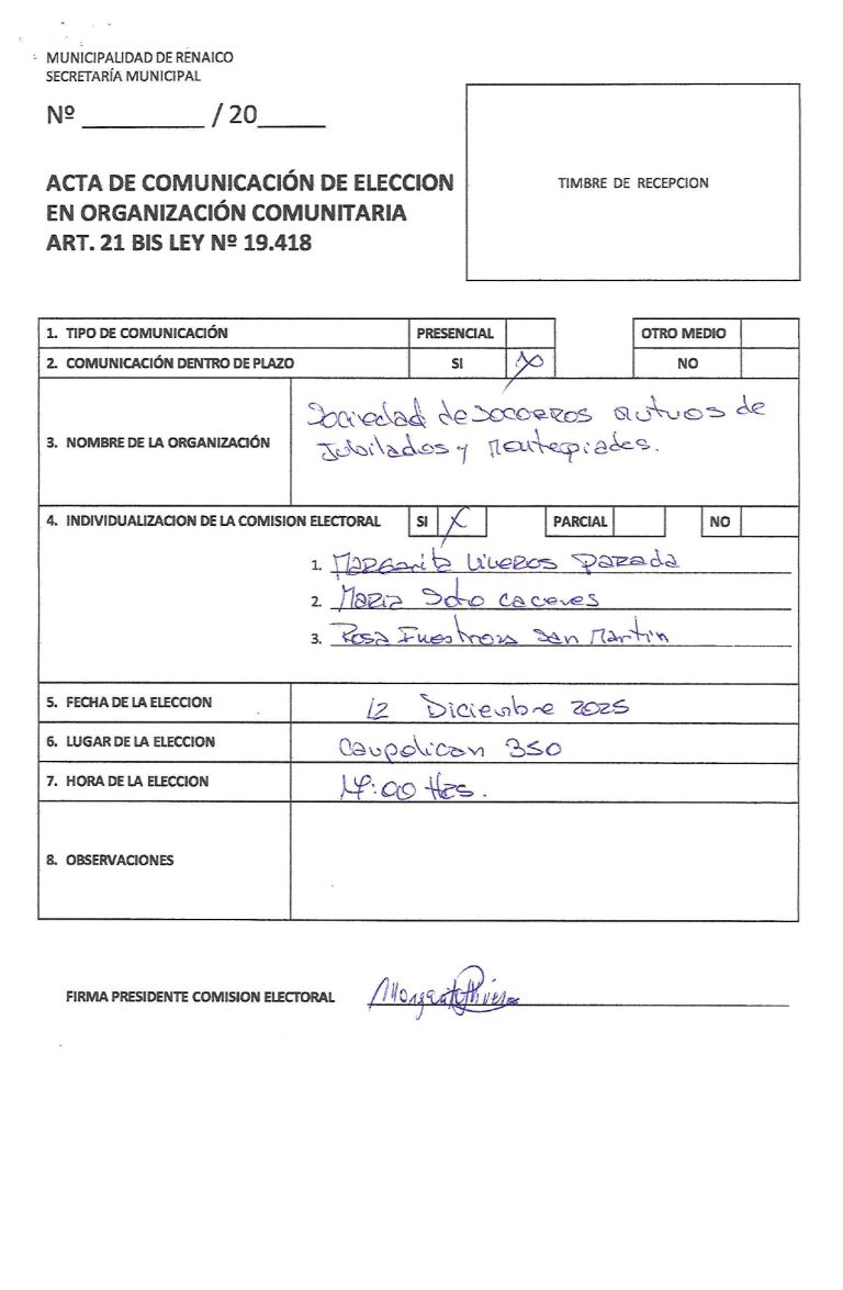 ACTA DE COMUNICACIÓN DE ELECCION EN ORGANIZACIÓN COMUNITARIA “Sociedad de Socorros Mutuos de Jubilados y Montepiados“