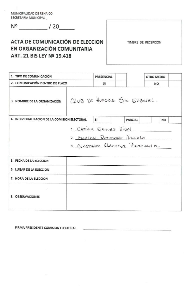ACTA DE COMUNICACIÓN DE ELECCION EN ORGANIZACIÓN COMUNITARIA “Club de Huaso San Gabriel“