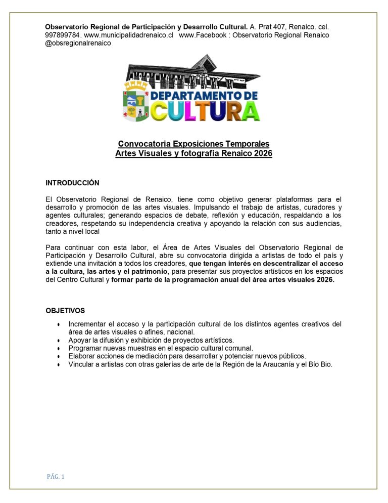 Convocatoria Exposiciones Temporales Artes Visuales y Fotografía Renaico 2026