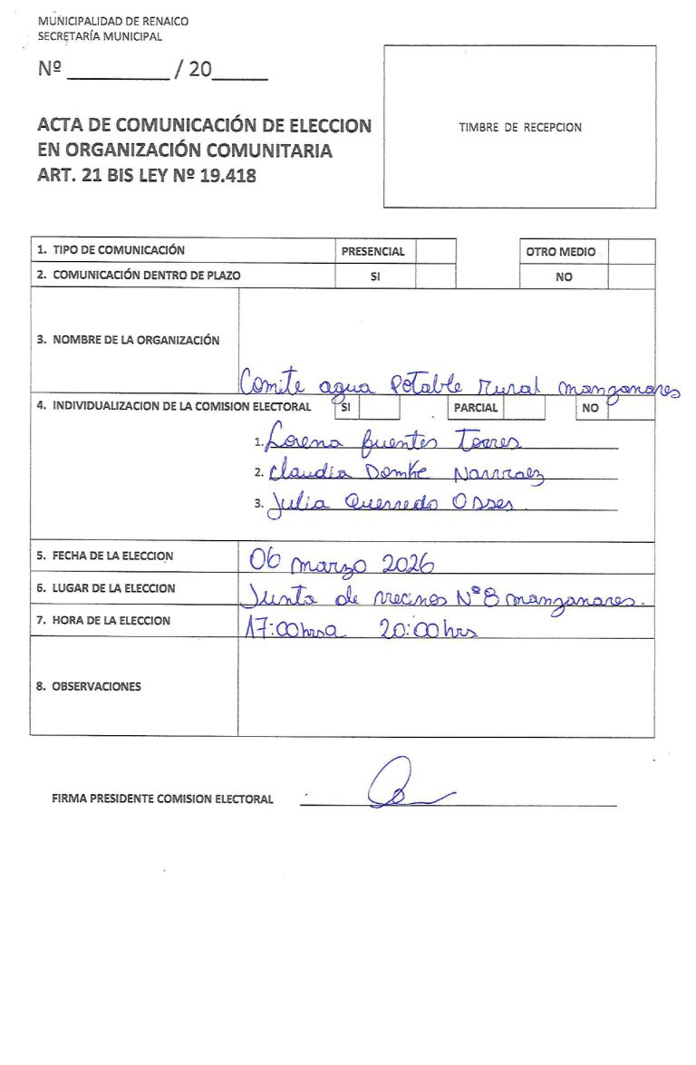 ACTA DE COMUNICACIÓN DE ELECCION EN ORGANIZACIÓN COMUNITARIA «COMITE AGUA POTABLE RURAL MANZANARES»