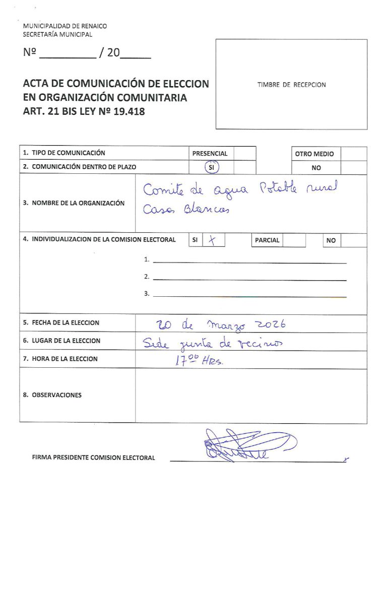 ACTA DE COMUNICACIÓN DE ELECCION EN ORGANIZACIÓN COMUNITARIA «COMITE DE AGUA POTABLE RURAL CASAS BLANCAS»