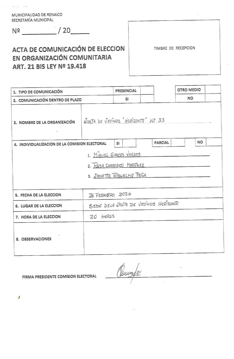 ACTA DE COMUNICACIÓN DE ELECCION EN ORGANIZACIÓN COMUNITARIA «JUNTA DE VECINOS HORIZONTE N°33»