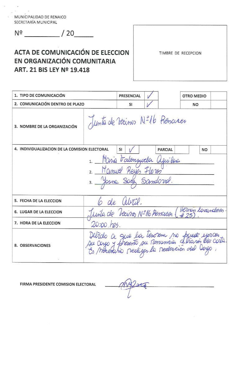 ACTA DE COMUNICACIÓN DE ELECCION EN ORGANIZACIÓN COMUNITARIA «JUNTA DE VECINOS N°16 RENACER»