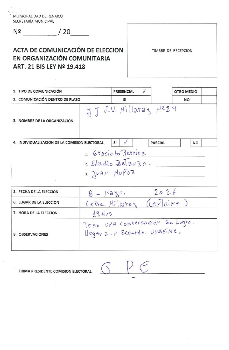 ACTA DE COMUNICACIÓN DE ELECCION EN ORGANIZACIÓN COMUNITARIA «JUNTA DE VECINOS MILLARAY N°24»